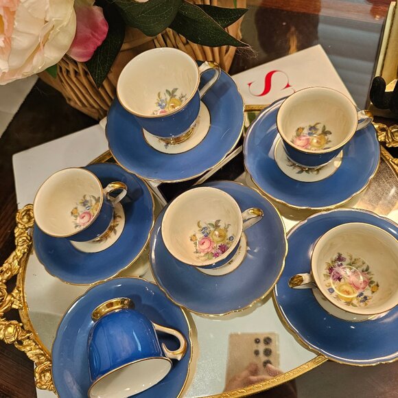 Set 6 Vintage KPM Royal Ivory Floral Turquoise Blue Demitasse Saucer 6 Pc - Picture 12 of 12
